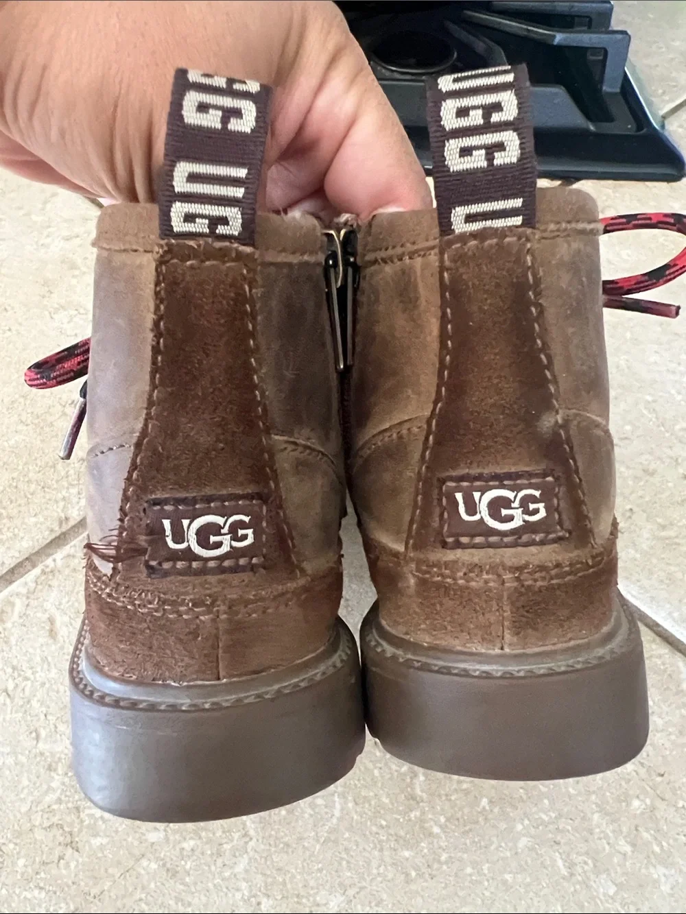 UGG Brown Kids High-Top Boots with Red & Black Laces